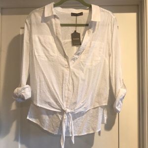 White collared button down shirt with tie front